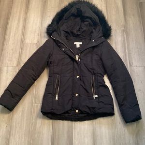 H&M Black Winter Puffer Jacket with Faux Fur Hood and Gold Accents, Size 2